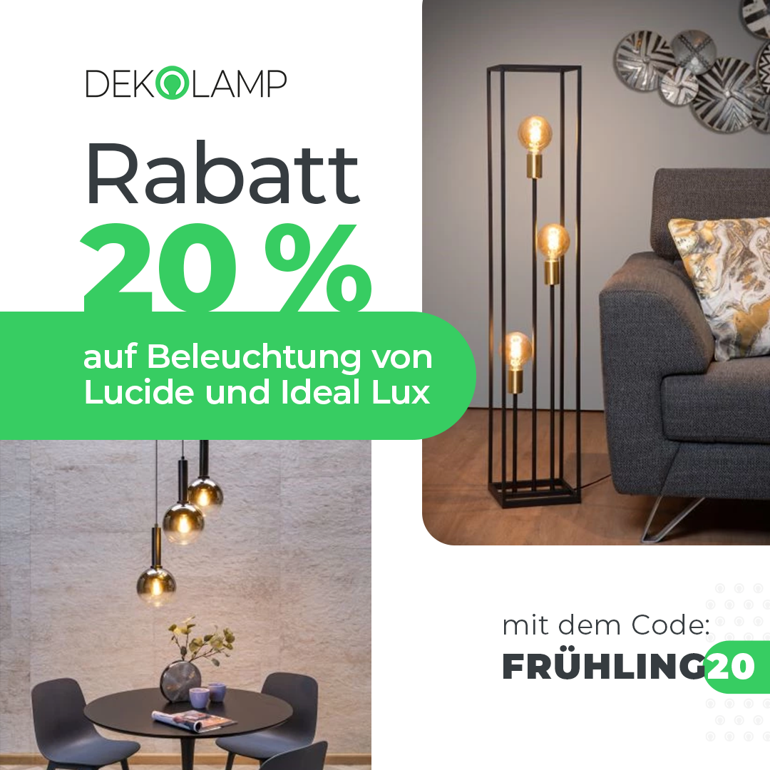 Profitieren Sie noch bis Ende Juni von einem 20 % Rabatt auf Lucide und Ideal Lux Leuchten!