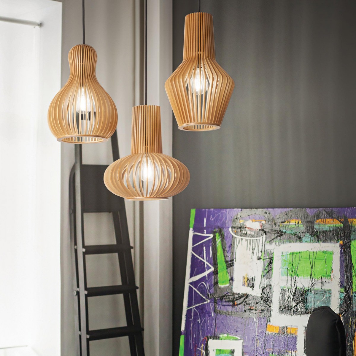 Lustr Ideal Lux s průsvitným dřevěným stínidlem