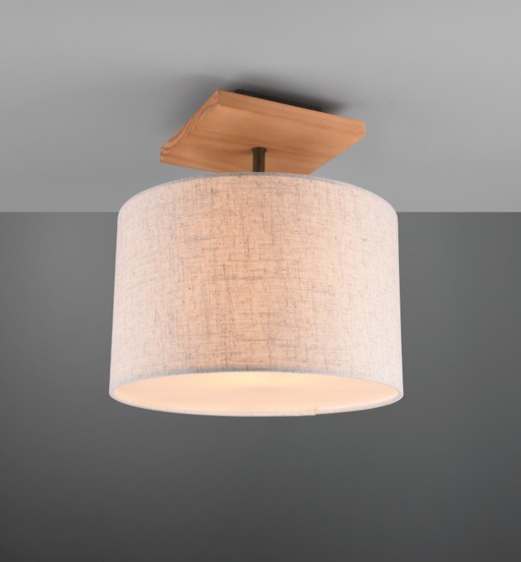 Přisazené stropní osvětlení s dřevěnou základnou a textilním stínidlem