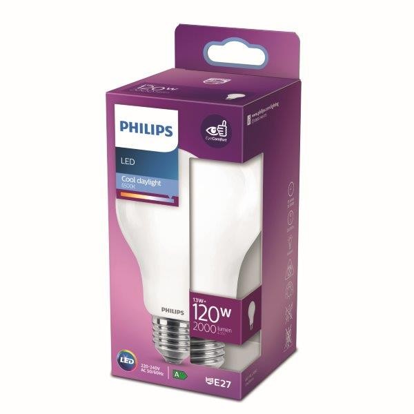 Philips 8718699764555 LED Lampe 1x13W, E27, 2000L, 6500K - kaltes  Tageslicht, matt weiß, EyeComfort