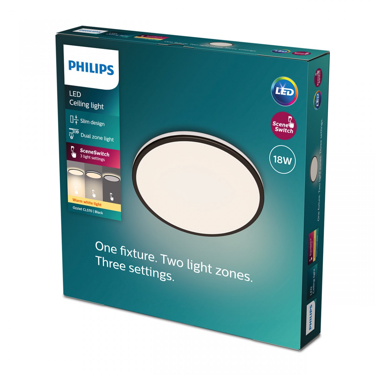 Philips 8719514431928 LED-Deckenleuchte Ozziet 1x18W | 1800lm | 2700K -  dimmbar - SceneSwitch, schwarz