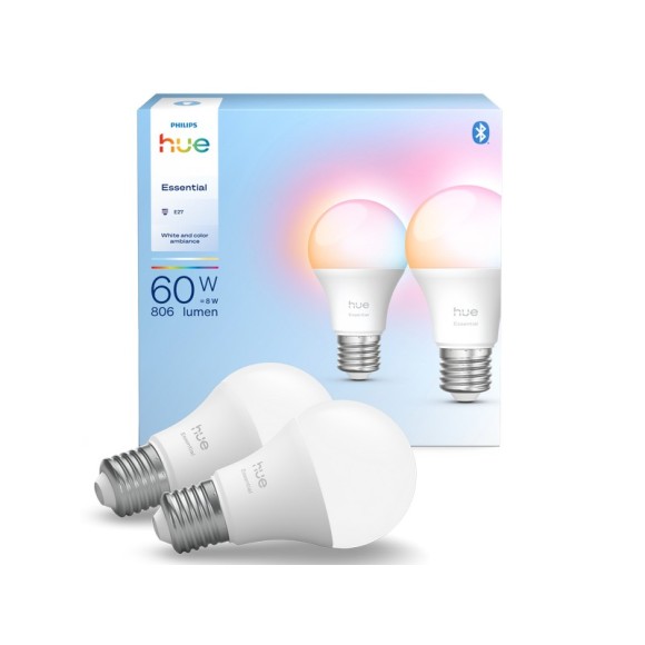 Philips Hue 8720169392243 LED Lampen-Set Essential  | 2x8W E27  LED | 806lm | 2200-6500+RGBK | Dimmer | rgb - farbig | intelligent | HUE White and Color Ambiance | HUE | günstiges Set | weiß