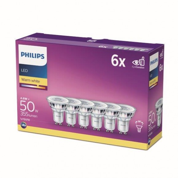 Philips 8718696586013 LED Set Filamental-Lampe 6x4,6w-50w | Gu10 | 355lm | 2700k - Set 6 Stück