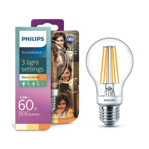 Philips 8718696743096 LED Lampe Classic 1,6-3-7,5W | E27 | 2200-2500-2700K - Funktion SceneSwitch