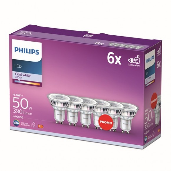 Philips 8718696764657 LED-Lampen 6x4,6w / 50W | Gu10 | 390lm | 4000k | 36d | Par16 - Set 6 Stück