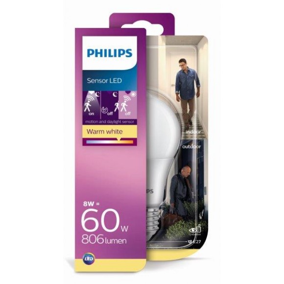 Philips 8718699659981 LED Lampe Sensor 1x8W | E27 | 2700K - Bewegung- und Dämmerungssensor EYECOMFORT