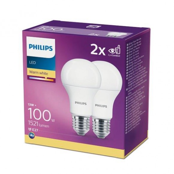 Philips 8718699669430 2x LED Leuchtmittel 1x13W | E27 | 2700K - Double Pack, EYECOMFORT