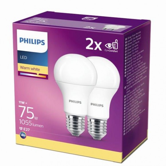 Philips 8718699726973 2x LED Leuchtmittel 1x11W | E27 | 2700K - Double Pack, EYECOMFORT