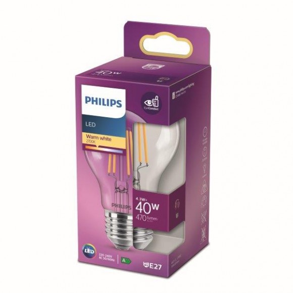 Philips 8718699761998 LED Lampe 1x4,3W | E27 | 470lm | 2700K - warmweiß, transparent, EyeComfort