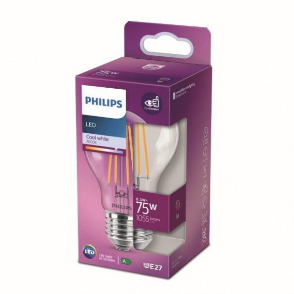 Philips 8718699762032 LED Lampe 1x8,5W | E27 | 1055lm | 4000K - kaltweiß, transparent, EyeComfort