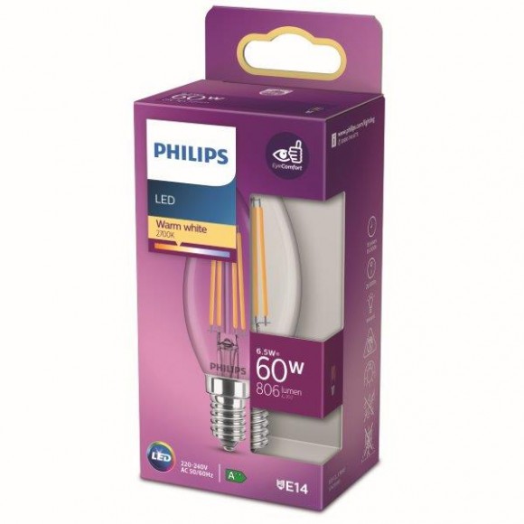 Philips 8718699762193 LED Lampe 1x6,5W | E14 | 806lm | 2700K - warmweiß, transparent, EyeComfort