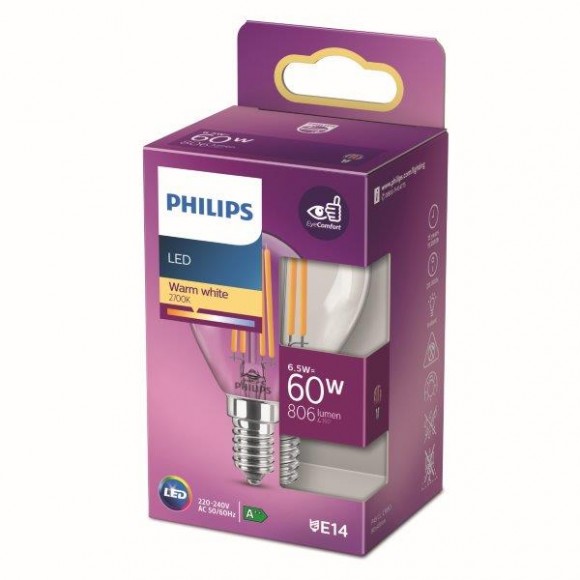 Philips 8718699762292 LED Lampe 1x6,5W | E14 | 806lm | 2700K - warmweiß, transparent, EyeComfort