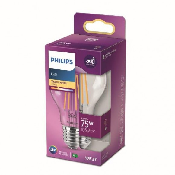 Philips 8718699762995 LED Lampe 1x8,5W | E27 | 1055lm | 2700K - warmweiß, transparent, EyeComfort
