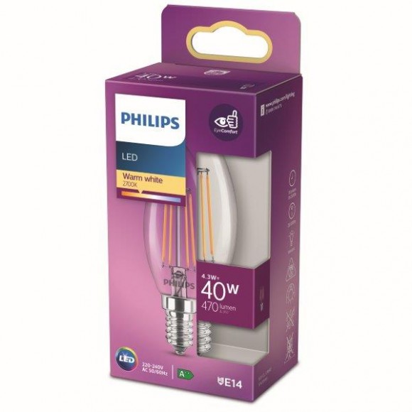Philips 8718699763077 LED Lampe 1x4,3W | E14 | 470lm | 2700K - warmweiß, transparent, EyeComfort