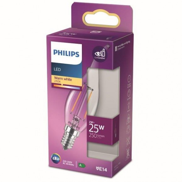 Philips 8718699763190 LED Lampe 1x2W | E14 | 250LM | 2700K - warmweiß, transparent, EyeComfort