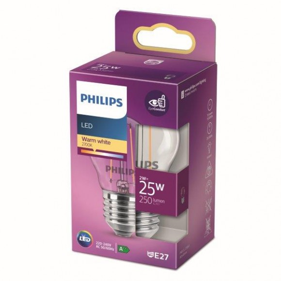 Philips 8718699763299 LED Lampe 1x2W | E27 | 250LM | 2700K - warmweiß, transparent, EyeComfort