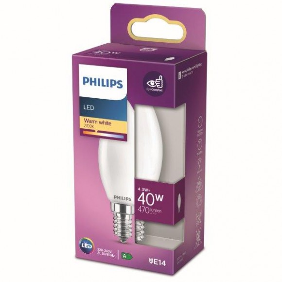 Philips 8718699763398 LED Lampe 1x4,3W | E14 | 470lm | 2700K - warmweiß, matt weiß, EyeComfort