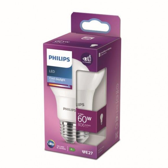 Philips 8718699769321 LED Lampe 1x7,5W | E27 | 806lm | 6500K - kaltweiß, matt weiß, EyeComfort