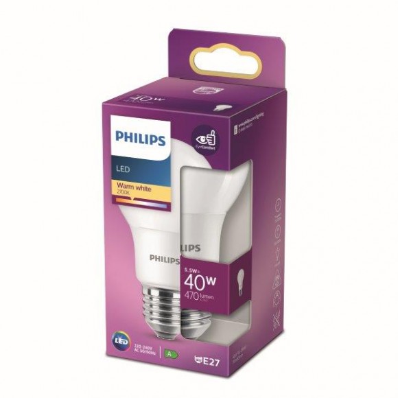 Philips 8718699769581 LED Lampe 1x5,5W | E27 | 470lm | 2700K - warmweiß, matt weiß, EyeComfort
