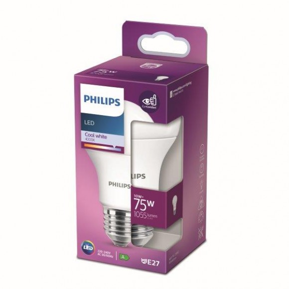Philips 8718699769888 LED Lampe 1x10W | E27 | 1055lm | 4000K - kaltweiß, matt weiß, EyeComfort