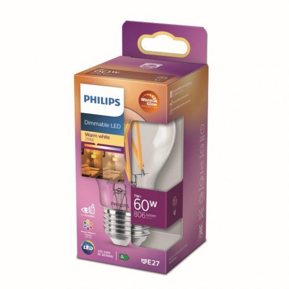 Philips 8718699770402 LED Lampe 1x7W | E27 | 806lm | 2200-2700K - Warm Glow, dimmbar, transparent, EyeComfort