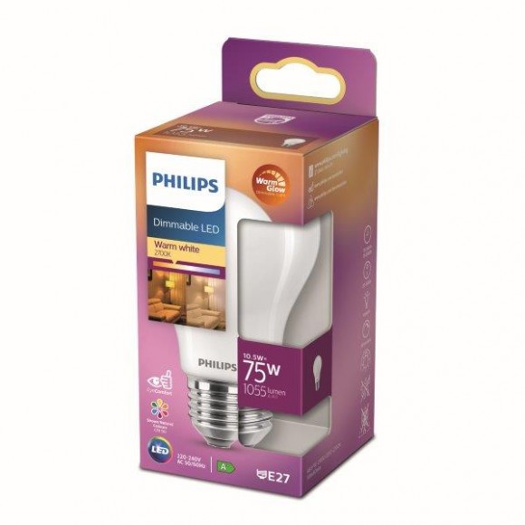 Philips 8718699770921 LED Lampe 1x10,5W | E27 | 1055lm | 2200-2700K - Warm Glow, dimmbar, weiß matt, EyeComfort