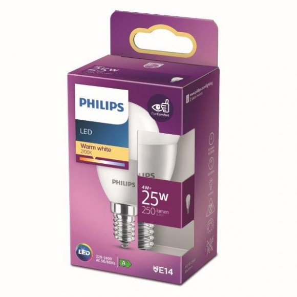 Philips 8718699771737 LED Lampe 1x4W | E14 | 250LM | 2700K - warmweiß, matt weiß, EyeComfort