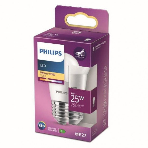 Philips 8718699771751 LED Lampe 1x4W | E27 | 250LM | 2700K - warmweiß, matt weiß, EyeComfort