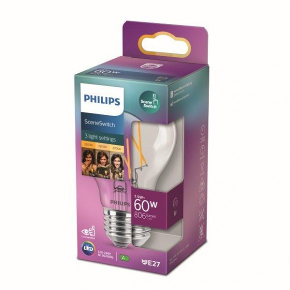 Philips 8718699772130 LED Lampe 1x7,5/3/1,6W | E27 | 806lm | 2200K-2500-2700K - drei Lichtart, Eyecomfort
