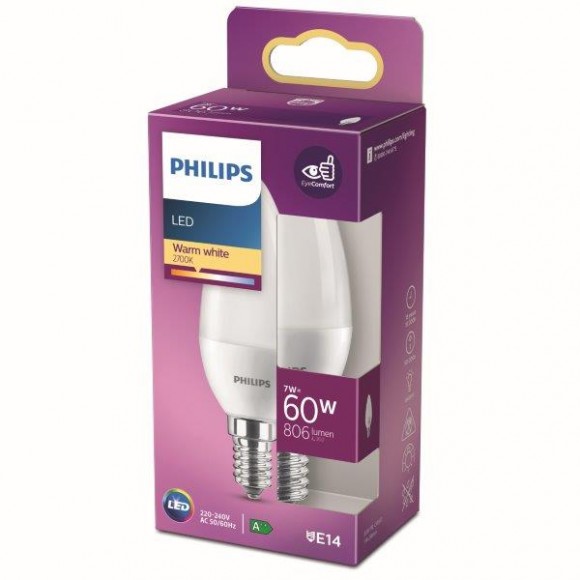 Philips 8718699772215 LED Lampe 1x7W | E14 | 806lm | 2700K - warmweiß, matt weiß, Eyecomfort