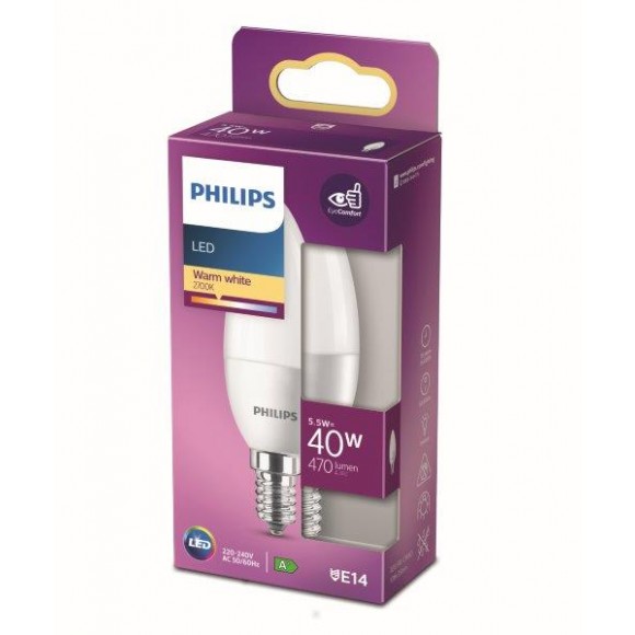 Philips 8718699772390 LED Lampe 1x5,5W | E14 | 470lm | 2700K - warmweiß, matt weiß, Eyecomfort