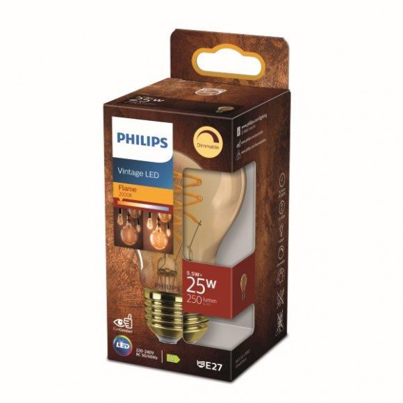 Philips 8718699774837 LED Lampe 1x5,5W | E27 | 250LM | 2000K - Flamme, dimmbar, Bernstein- Eyecomfort
