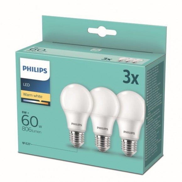 Philips 8718699775490 LED Set 3x8w-60W | E27 | 806lm | 2700k - Set 3 Stück, weiß