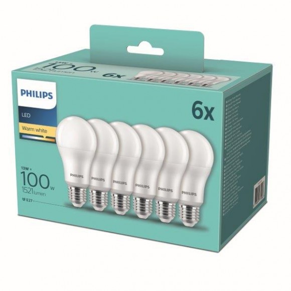 Philips 8718699775568 LED Set 6x13w-100w | E27 | 1521lm | 2700k - Set 6 Stück, weiß