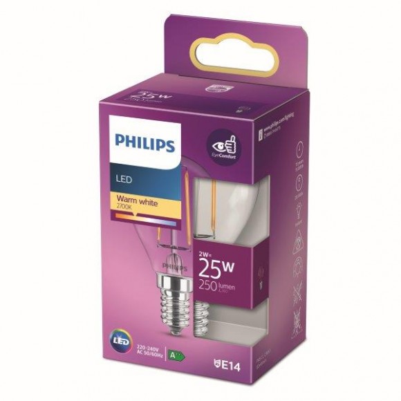 Philips 8718699777555 LED Lampe 1x2W | E14 | 250LM | 2700K - warmweiß, transparent, Eyecomfort