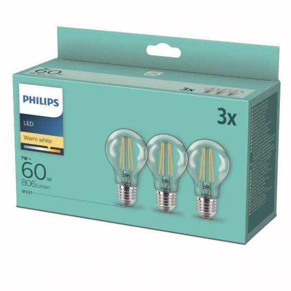 Philips 8718699777777 LED-Set von Filament Lampen 3x7w-60w | E27 | 806lm | 2700k - Set 3 Stück, klar