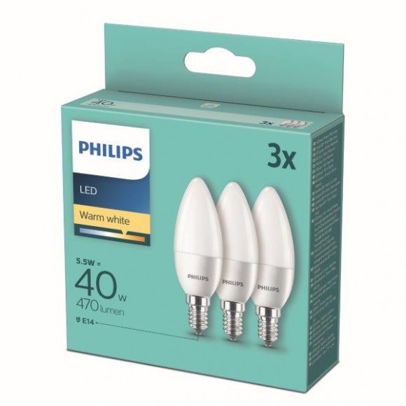 Philips 8718699777814 LED-Lampe Set 3x5,5w-40W | E14 | 470lm | 2700K - Set 3 Stück, Kerze, weiß