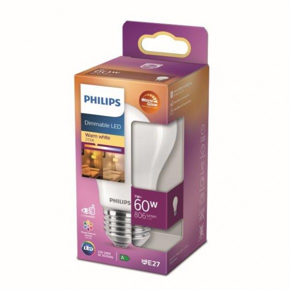 Philips 8718699780111 LED Lampe 1x7W | E27 | 806lm | 2200K - Warm Glow, dimmbar, weiß matt, Eyecomfort