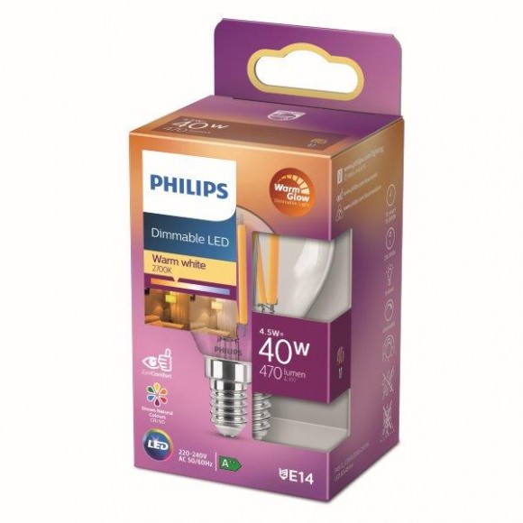 Philips 8718699780173 LED lampe 1x4,5W | E14 | 470lm | 2200-2700K - Warm Glow, dimmbar, transparent, Eyecomfort