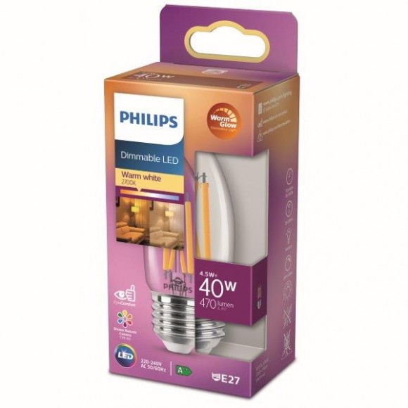 Philips 8718699780197 LED lampe 1x4,5W | E14 | 470lm | 2700K - warmweiß, dimmbar transparent, Eyecomfort