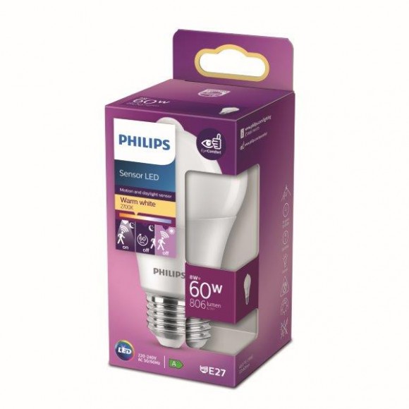 Philips 8718699782733 LED Lampe 1x8W | E27 | 806lm | 2700K - warmweiß Sensor, matt weiß, Eyecomfort