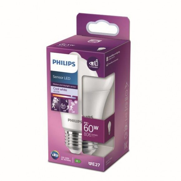 Philips 8718699782757 LED Lampe 1x8W | E27 | 806lm | 4000K - kaltweiß, mit Sensor, matt weiß, EyeComfort