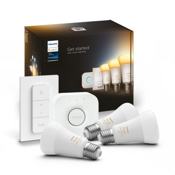 Philips Hue 8719514291232 LED-Lampen und Bridge-Starter-Set 3x8w | E27 | 1100lm | 2200-6500K -3 Stück, dimmable, Zigbee, Bluetooth, Fernbedienung, White Ambiance, weiß