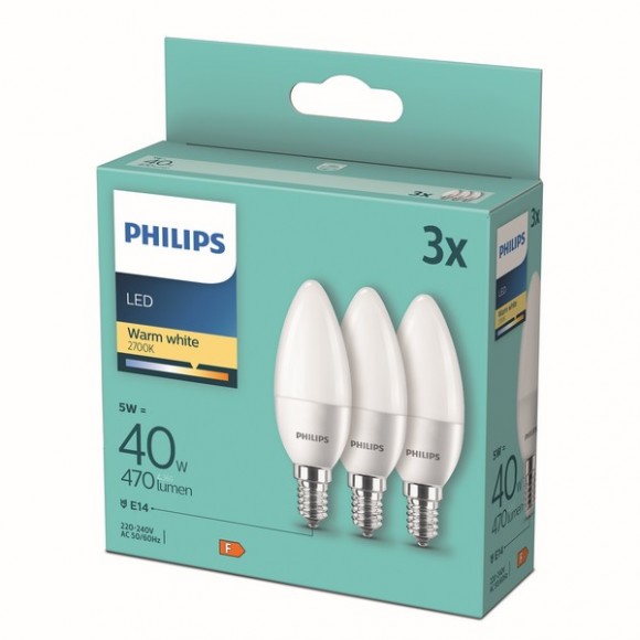 Philips 8719514313385 LED-Lampen 3x5W / 40W | E14 | 470lm | B35 | 2700k - Set 3 Stück