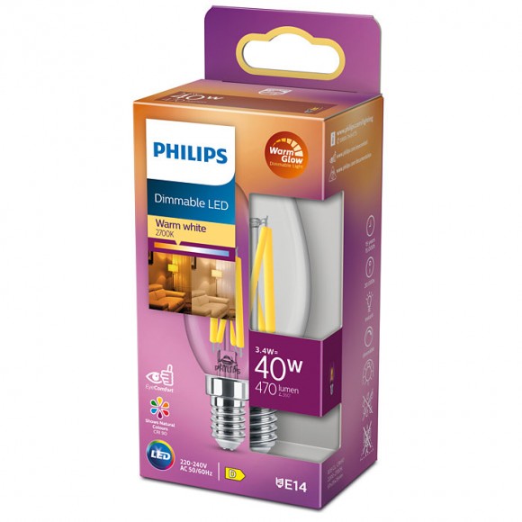 Philips 8719514324213 LED Filament 3,4w / 40W | E14 | 470lm | 2200-2700K | B35 - Dimmbar, WarmGlow