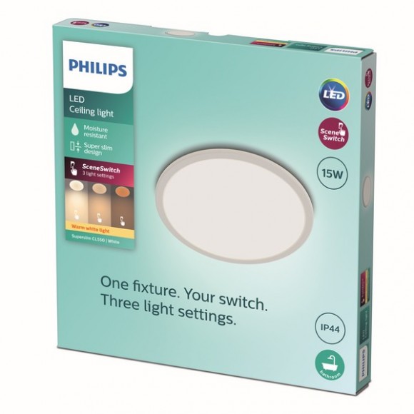 Philips 8719514327184 LED-Deckenleuchte Super Slim 1x15w | 1300lm | 2700k | IP44 - weiß