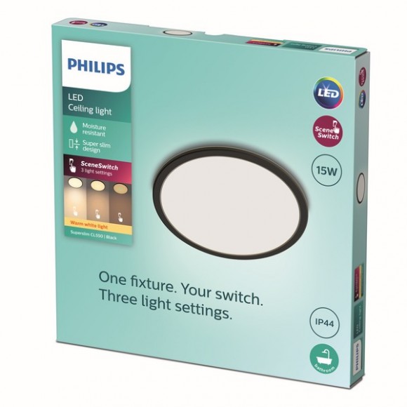 Philips 8719514327207 LED-Deckenleuchte Super Slim 1x15w | 1300lm | 2700k | IP44 - schwarz