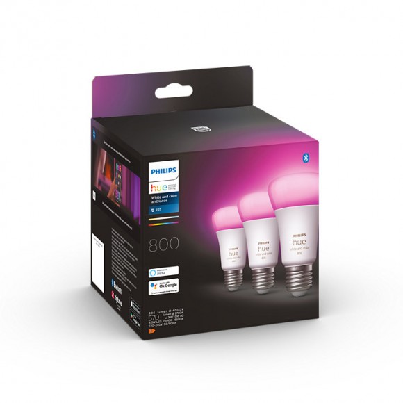 Philips Hue 8719514328389 LED-Lampen 3x65w | E27 | 800lm | 2000-6500K | RGB - Set 3 Stück, White and Color Ambiance, dimmbar, Bluetooth