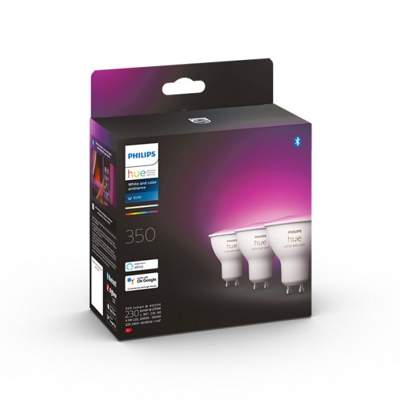 Philips Hue 8719514342767 LED-Lampe 3x4,3w | Gu10 | 350lm | 2000-6500K | RGB - Set 3 Stück, White and Color Ambiance, dimmbar, Bluetooth