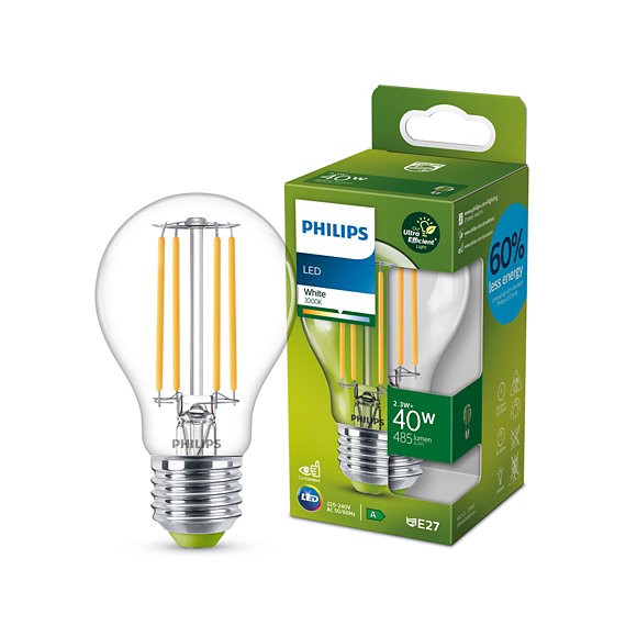 Philips 8719514343726 LED-Leuchtmittel 1x2,3W/60W | E27 | 485lm | 3000K - klar, ultraeffizient